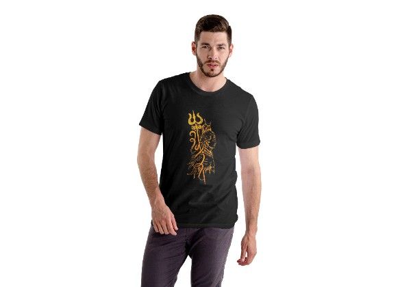 Mahadev T-Shirt for Men – Black Cotton Round Neck Tee with Trishul Design